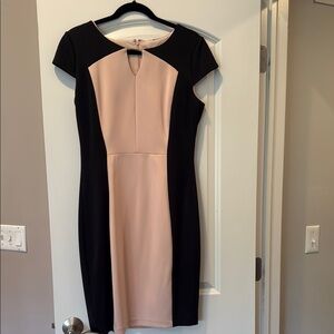 Signature by Sangria Pink and Tan Sheath Dress Crew Neck Midi
